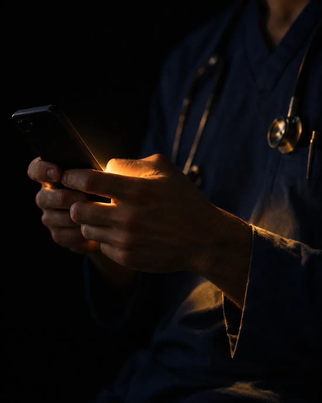 Mãos de um profissional de saúde segurando o celular no escuro, iluminadas pela tela